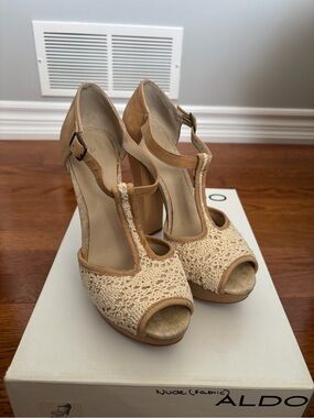 ALDO Beige Crochet T‑Strap Platform Heels